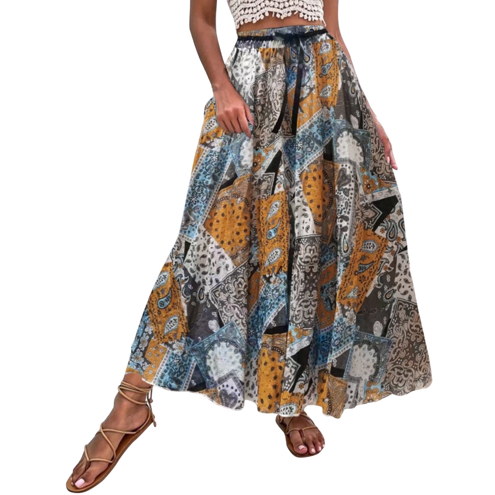 Women Summer Double Fabric Elastic High Waist Boho Maxi Skirt Casual Drawstring A Line Long Skirt Club Basic Leisure Dailywear