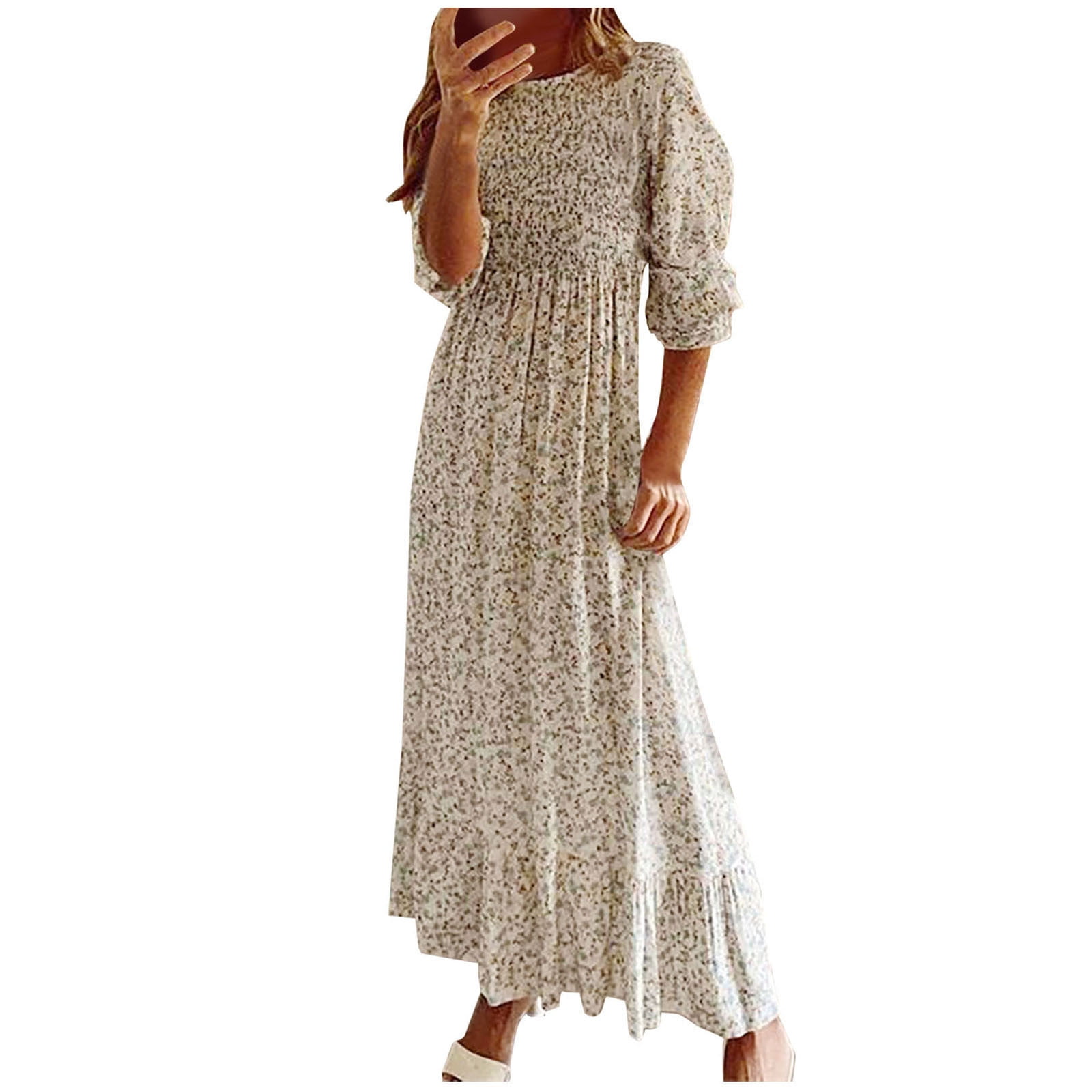 Women Summer Dreses UK Clearance Floral Chiffon Dress 3/4 Sleeve V Neck  Maxi Dress Ankle Length Sundress Pleated Ladies Elegant Long Dress Size  8-16 - Walmart Business Supplies