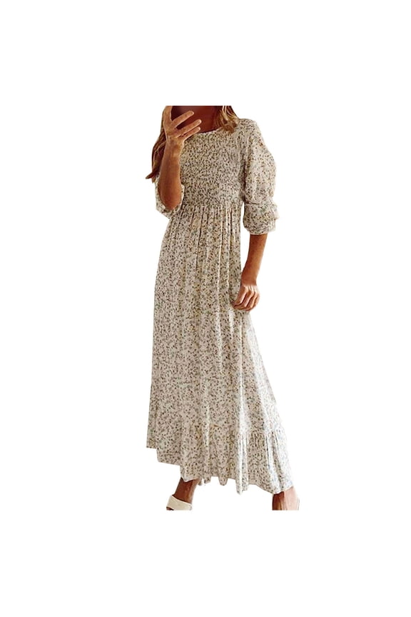 Women Summer Dreses UKFloral Chiffon Dress 3/4 Sleeve V Neck Maxi Dress Ankle Length Sundress Pleated Ladies Elegant Long Dress Size 8-16