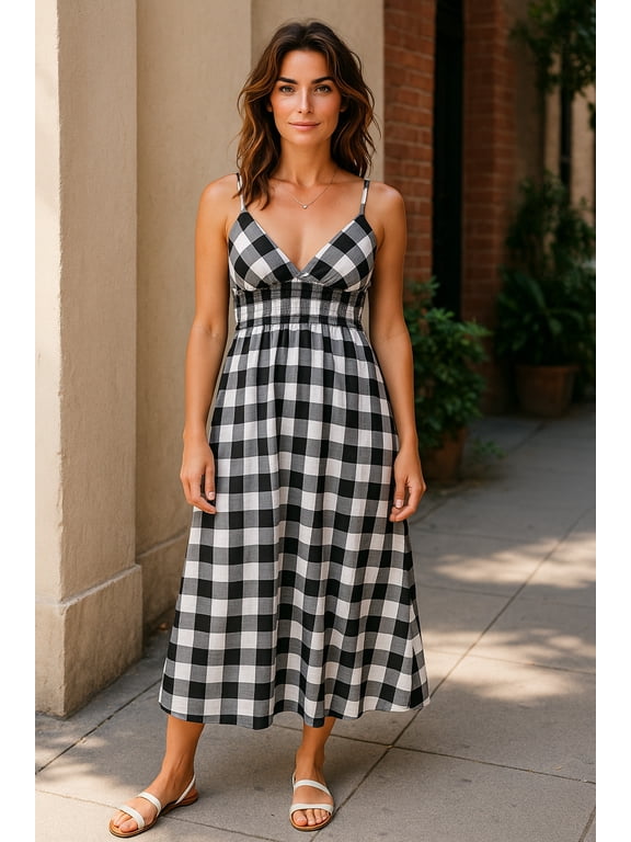 Women Summer Dress Gingham Plaid Spaghetti Strap Padded Bra Thin Stripes Long Maxi