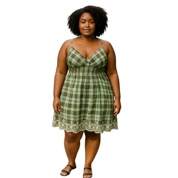 Women Summer Dress Gingham Plaid Spaghetti Strap Padded Bra Thin Stripes Mini Dress