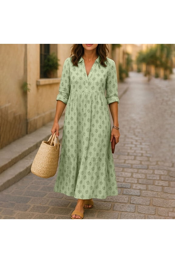Women Summer Dress Long Sleeve Printed Collared Dress Loose Flowy Bohemian Long Dress Casual Beach Dress for Spring and Summer