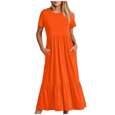 Women Summer Dress Loose Plain Casual Flowy Tiered Long Maxi Dresses Short Sleeve Crewneck Beach Dresses with Pockets