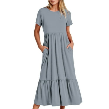Women Summer Dress Loose Plain Casual Flowy Tiered Long Maxi Dresses Short Sleeve Crewneck Beach Dresses with Pockets