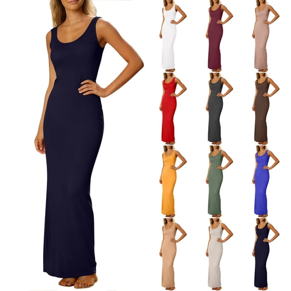 Women Summer Dress Ndbuld Women's Solid Color Sleeveless Long Round Neck Dress For Summer Dark Blue XXXL