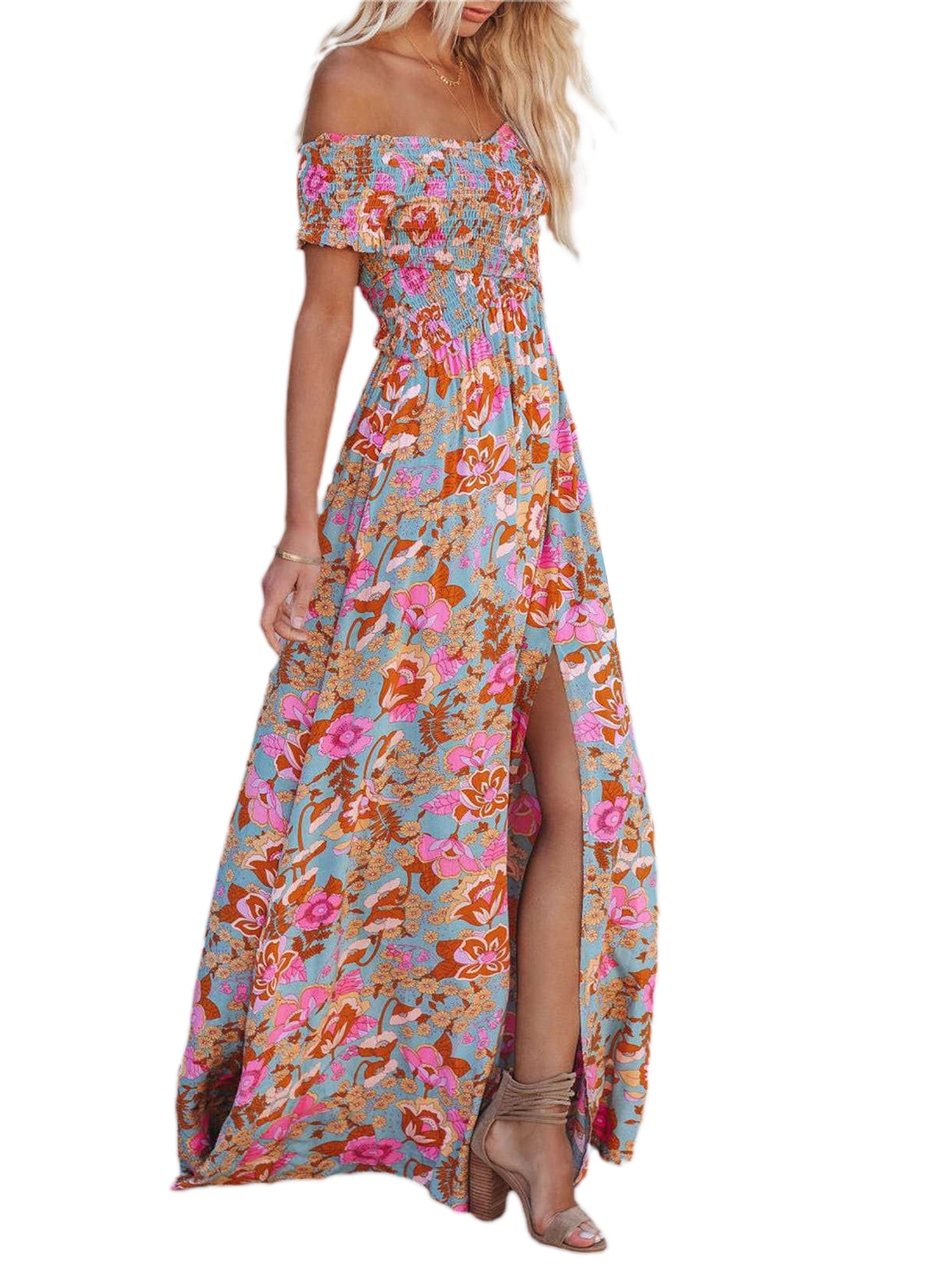 Women Summer Dress Off Shoulder Split Flower Maxi Dress Wrap Dress ...