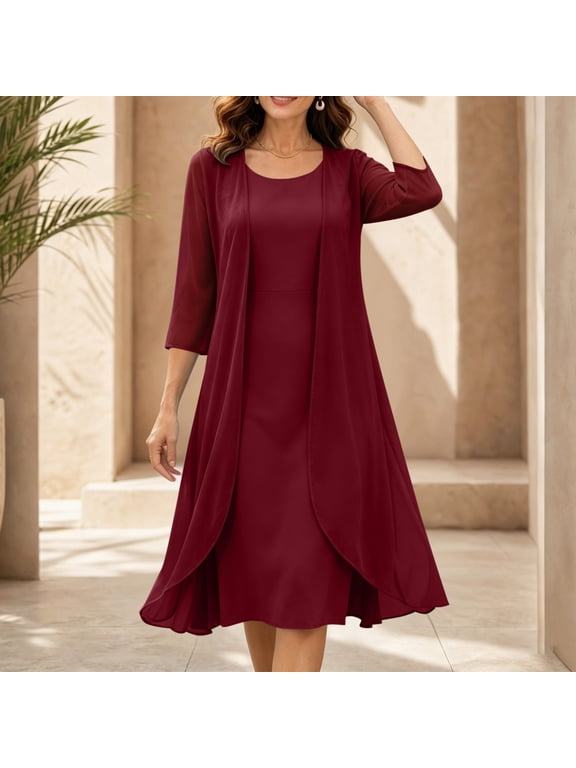 Women Summer Dress Set 3/4 Sleeve Cardigan + Maxi Dress Casual Short Sleeve A-Line Smocked Dress for Women Wine M