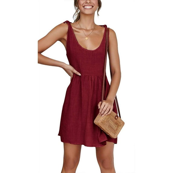 Women Summer Dress Sexy Scoop Neck Tie Shoulder Strap A-Line Skater Swing Mini Dress Sleeveless