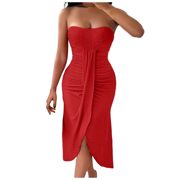 Women Summer Dress Solid Color Strapless Slim Irregular Hem Elegant Lightweight Dresses For Casual Daily Wear,Red,S