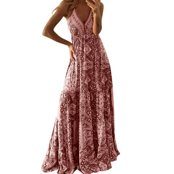 Women Summer Dress V Neck Dress Sling Floral Long Dress Sleeveless Bohemian Beach Elegant Dress Long Party Dress