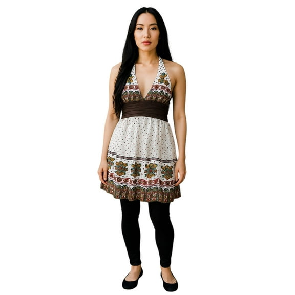 Women Summer Dress White and Brown Polkdot Tie Backless Halter Floral Design Dress