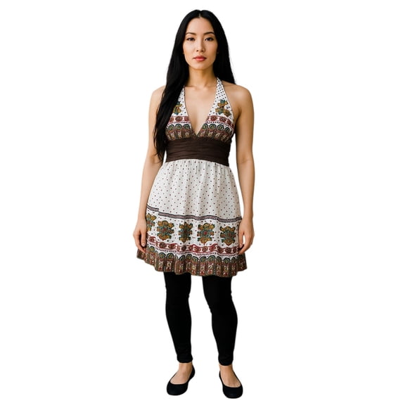 Women Summer Dress White and Brown Polkdot Tie Backless Halter Floral Design Dress