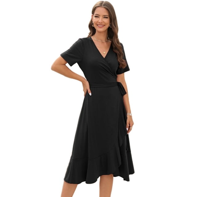 Women Summer Dress Wrap V-Neck Short Sleeve Casual Beach Dress A-Line  Pleated Midi Sun Dresses (Black, S) - Walmart.com
