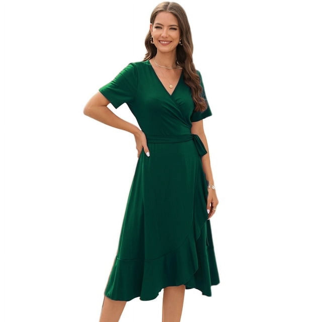 Women Summer Dress Wrap V-Neck Short Sleeve Casual Beach Dress A-Line  Pleated Midi Sun Dresses (Green, XL) - Walmart.com