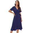 thumbnail image 1 of Women Summer Dress Wrap V-Neck Short Sleeve Casual Beach Dress A-Line Pleated Midi Sun Dresses (Navy, XL), 1 of 5