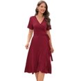 thumbnail image 1 of Women Summer Dress Wrap V-Neck Short Sleeve Casual Beach Dress A-Line Pleated Midi Sun Dresses (Wine, S), 1 of 5
