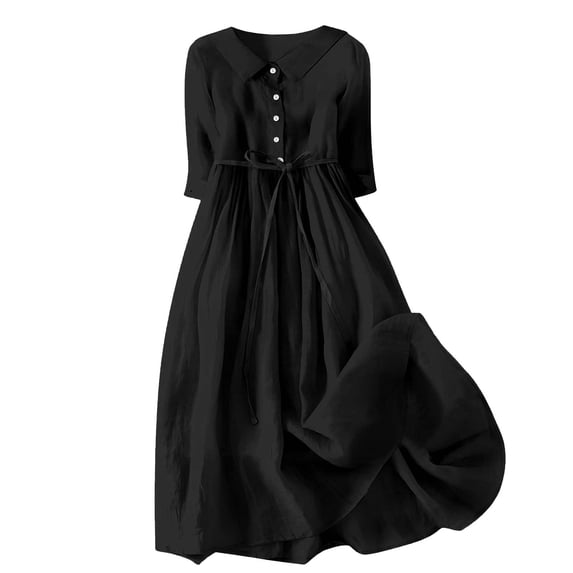 Women Summer Dresses 2024 Cotton Linen Dresses for Women 2024 Maxi Button Down Plus Size A Line Dress Trendy 3/4 Sleeve Floral Dress Summer Dresses