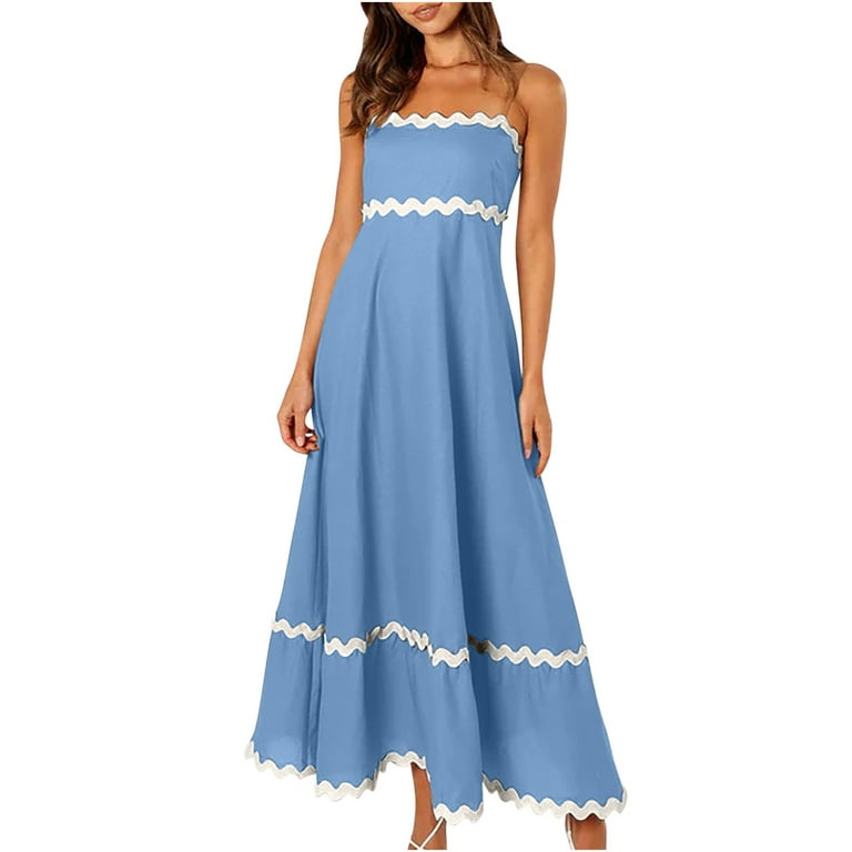 Women Summer Dresses 2024 Spaghetti Straps Sleeveless Smocked Rickrack Trim  Boho Style Flowy Loose A-Line Midi Dress White,L - Walmart.com