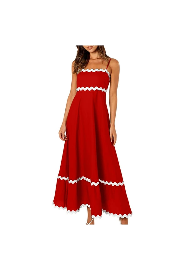 Women Summer Dresses 2025 Spaghetti Straps Sleeveless Smocked Rickrack Trim Boho Style Flowy Loose A-Line Midi Dress Multicolor,L