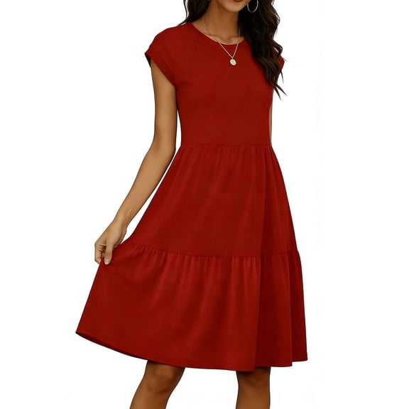 Women Summer Dresses 2026 Short Sleeve V Neck Mini Sundress Smocked Beach Dresses Red M