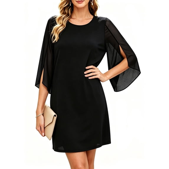 Women Summer Dresses Bell Sleeve Casual Flowy Sundresses Crew Neck Cocktail Midi Dress Black