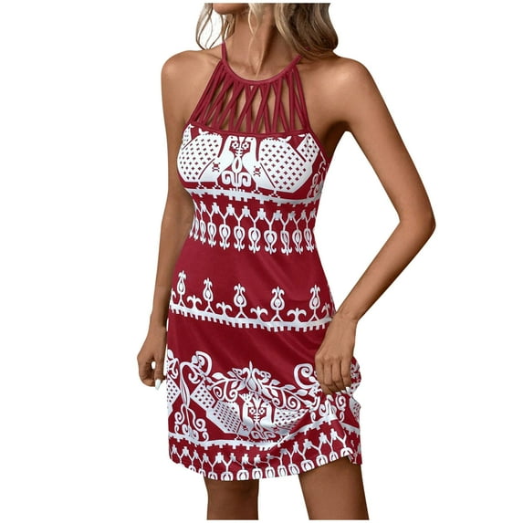 Women Summer Dresses Casual Boho Floral Halter Neck A-line Cutout Dress Beach Vacation Sundresses with Pockets
