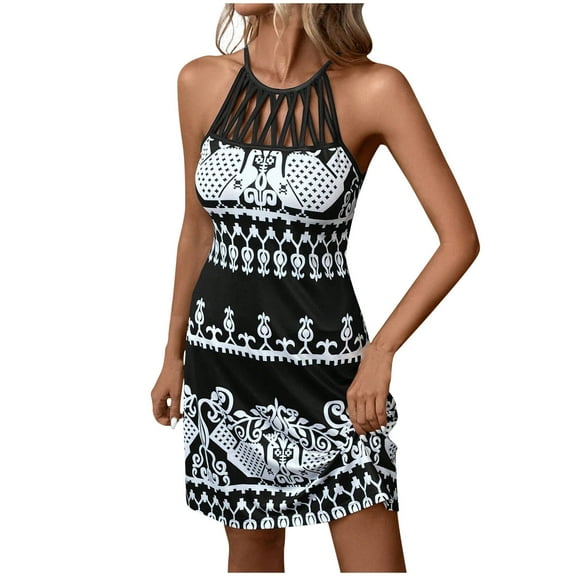 Women Summer Dresses Casual Boho Floral Halter Neck A-line Cutout Dress Beach Vacation Sundresses with Pockets
