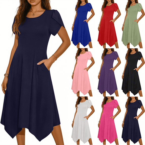 Women Summer Dresses Casual Crewneck Short Sleeve Midi Sundress Irregular Hem Ruffle Flowy Swing Vacation Wedding Guest Dress S-2XL