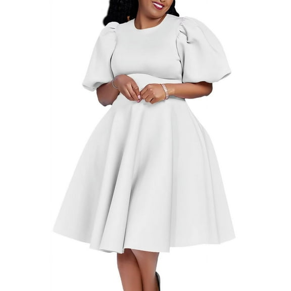 Women Summer Dresses Casual Puff Sleeve Swing A Line Short Dress Pleated Dress