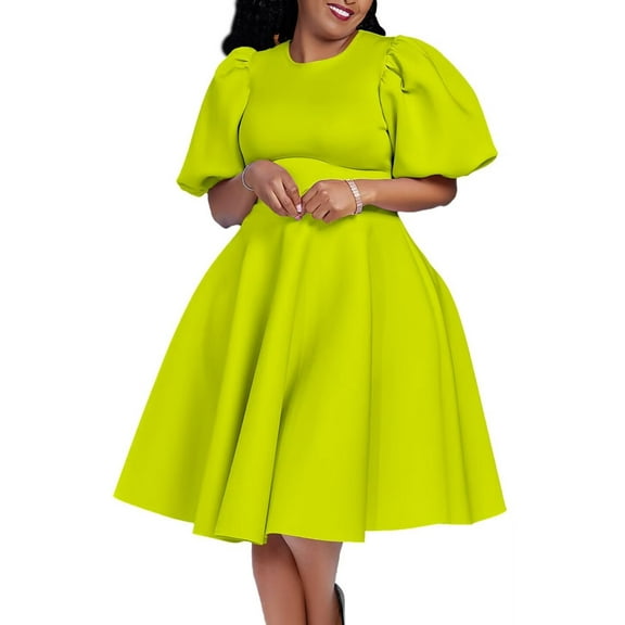 Women Summer Dresses Casual Puff Sleeve Swing A Line Short Dress Pleated Dress
