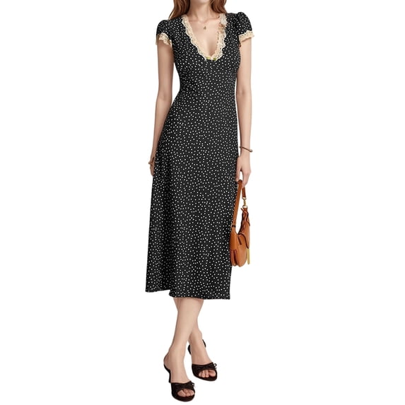 Women Summer Dresses Deep V Neck Polka Dot Prined Splice Lace Dress Elegant for Party Black XL