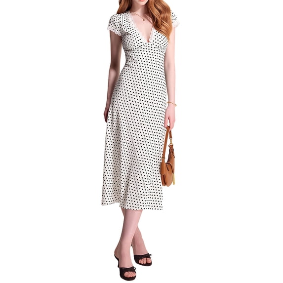 Women Summer Dresses Deep V Neck Polka Dot Prined Splice Lace Dress Elegant for Party White L