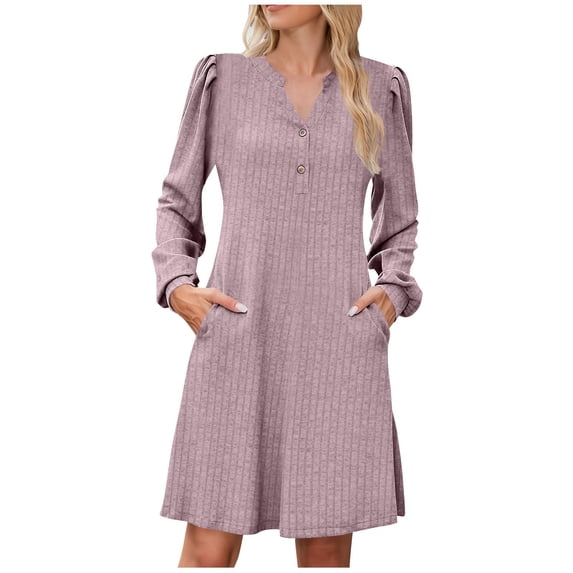 Women Summer Dresses Fashion Solid Color V-neck Brushed Rib A-line Long-sleeve Button Pockets Dress Floral Vocation Beach Sundress