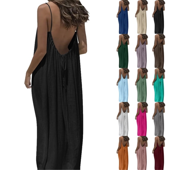 Women Summer Dresses Fashion Women Summer Round-Neck Casual Solid Sleeveless Sleepshirts Sling Backless Dress Black S