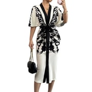 walmart black and white dress Black And White Leaf Print V-Neck Spaghetti Strap Maxi Slip Dress For Women