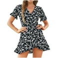 thumbnail image 1 of Women Summer Dresses Flowy A-Line Sundress V Neck Short Sleeve Boho Floral Print Ruffle High Waist Mini Dress, 1 of 7