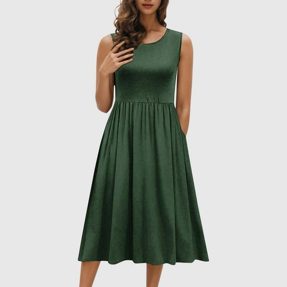 Women Summer Dresses Plus Size, Fashion Women's Dresses Summer Casual Round Neck Sleeveless Solid Beach Sundresses Boho Dress(Army Green,XL)