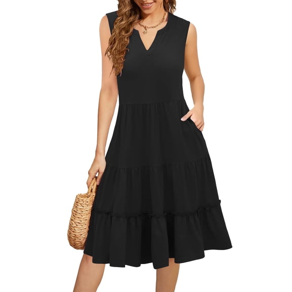 Women Summer Dresses Plus Size, Fashion Women's Solid Sexy V-Neck Sleeveless Dresses Casual Pockets Comfortable All Occasion(Black,XL)
