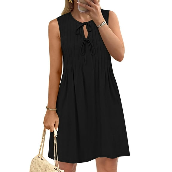 Women Summer Dresses Plus Size, Solid Dresses For Women Summer Casual Sleeveless Fold Self Tie Front Pleated Mini Sundress Beach Vacation Dress With Pocket(Black,XL)