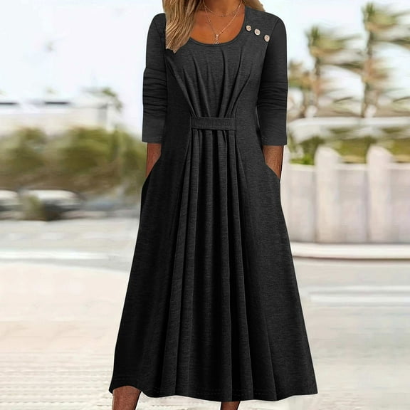 Women Summer Dresses Plus Size, Women's Solid Color Long Sleeved Button Pleated Dress(Black,XL)