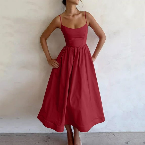 Women Summer Dresses Plus Size Clearance, Women's Solid Color Sexy Round Neck With Waist Cinched Pleated Suspender And Large Hem Dress(Wine,XL)