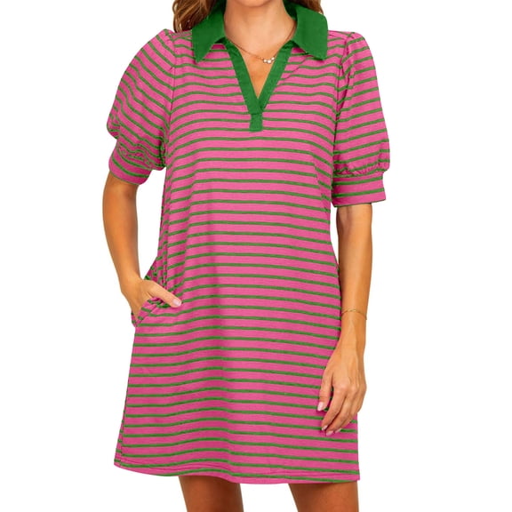 Women Summer Dresses Plus Size, Women's Summer Lapel Collared V Neck Striped Dress Casual Short Sleeve Dresses(Hot Pink,XL)