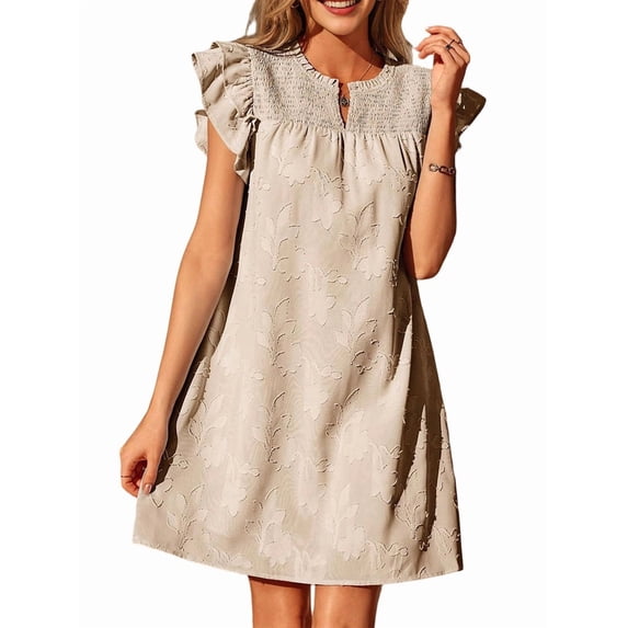 Women Summer Dresses Ruffle Short Sleeve Casual V Neck Smocked Floral Burnout Mini Dress Sundress Color XL