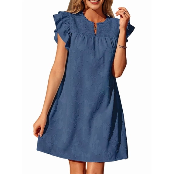 Women Summer Dresses Ruffle Short Sleeve Casual V Neck Smocked Floral Burnout Mini Dress Sundress L