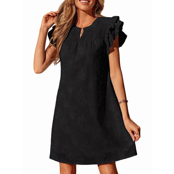 Women Summer Dresses Ruffle Short Sleeve Casual V Neck Smocked Floral Burnout Mini Dress Sundress