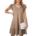 thumbnail image 1 of Women Summer Dresses Ruffle Short Sleeve Smocked V Neck Casual Loose A-Line Swing Mini Dress Sundress Khaki M, 1 of 7