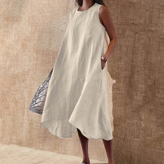 Women Summer Dresses Sleeveless Casual Loose Midi Dress Summer Dresses For Women Print Sleeveless Round Neck Dress Casual Long Dresses Khaki M