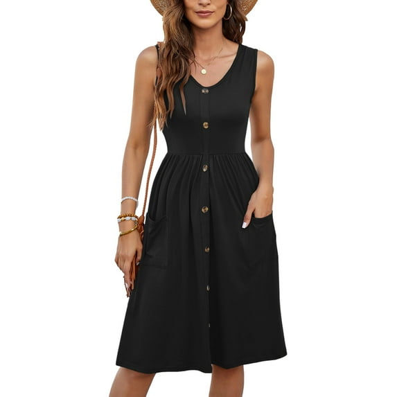 Women Summer Dresses Sleeveless Casual Loose Swing Button Down Midi Dress with Pockets Black L