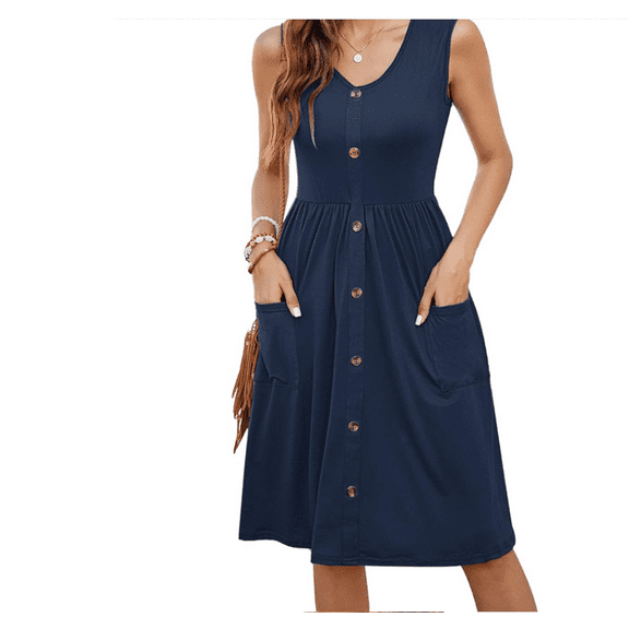 Women Summer Dresses Sleeveless Casual Loose Swing Button Down Midi Dress with Pockets