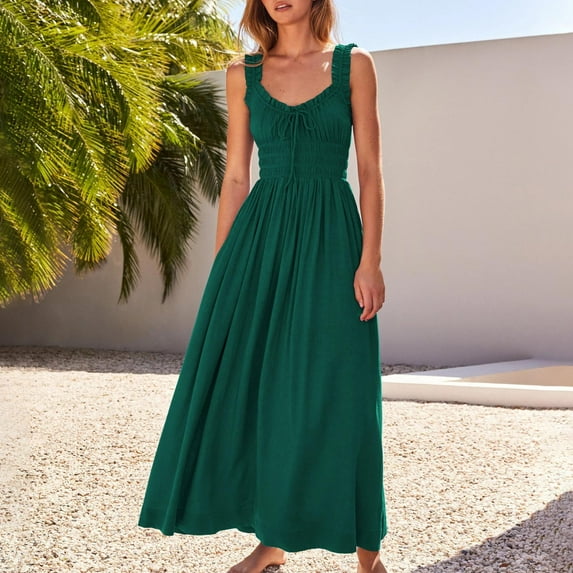 Women Summer Dresses Sleeveless Casual Loose Swing Button Down Midi Dress